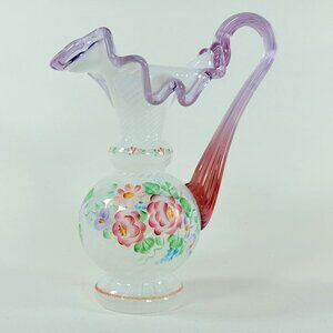 Fenton Hand Painted Opalescent Pitcher Ruffled Rim Purple Handle Floral